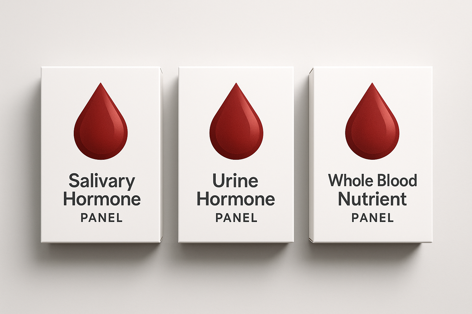 three boxes showing a blood drops, representing lab testing sprints, describing the tests "salivary hormone" "urine hormone" and "whole blood nutrient" panels